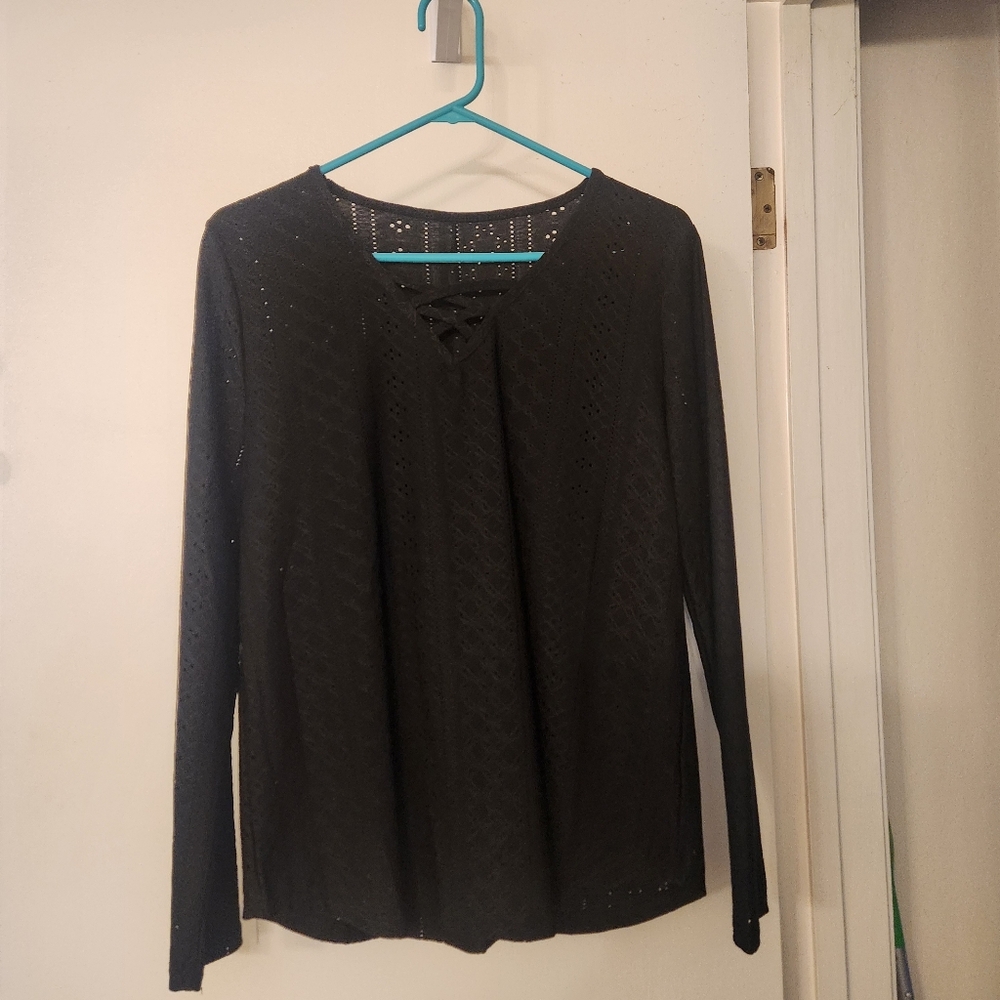 Eyelet lace Black cotton Long Sleeve Top
